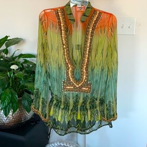 Colorful Boho Beaded Coverup/Shirt/Blouse Sz S Green Orange Blue Yellow